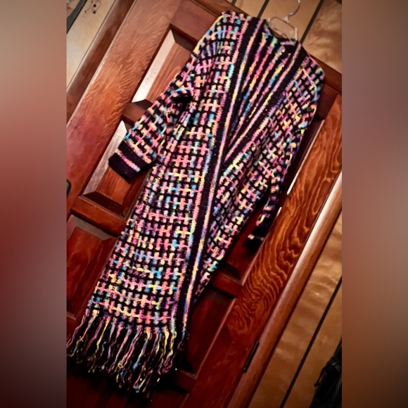 New Multicolor black long bohemian cardigan coat with fringes size s/m - Picture 10 of 15